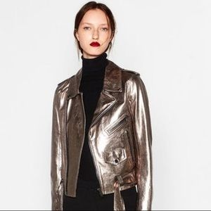 Zara Women Metallic Leather Biker Jacket Size L